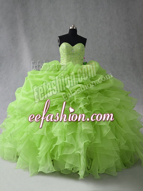 Pretty Yellow Green Quinceanera Dress Sweet 16 and Quinceanera with Beading and Ruffles and Pick Ups Sweetheart Sleeveless Lace Up