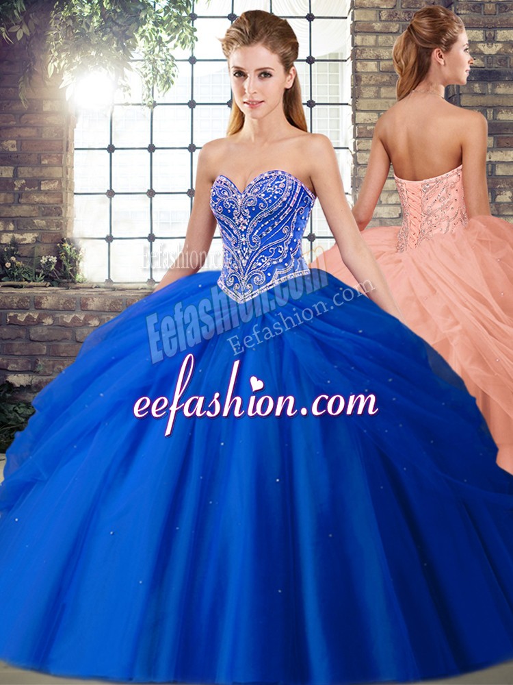  Ball Gowns Sleeveless Royal Blue Quinceanera Dresses Brush Train Lace Up