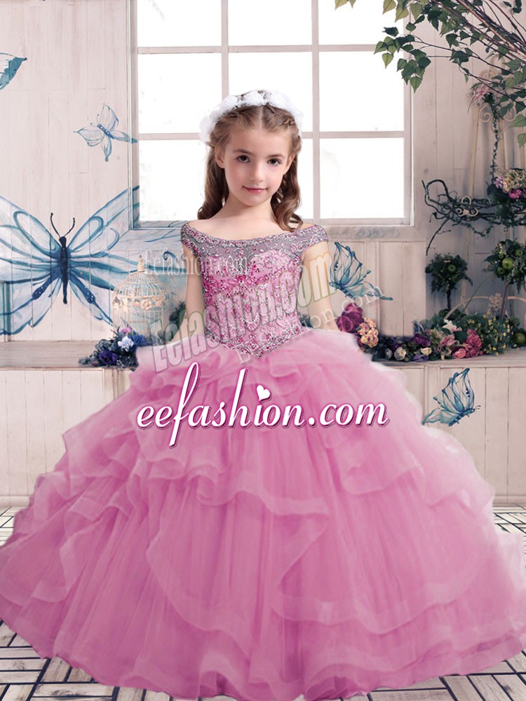  Lilac Sleeveless Floor Length Beading Lace Up Little Girls Pageant Dress
