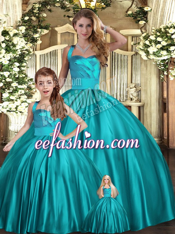 Trendy Sleeveless Floor Length Ruching Lace Up 15th Birthday Dress with Teal 
