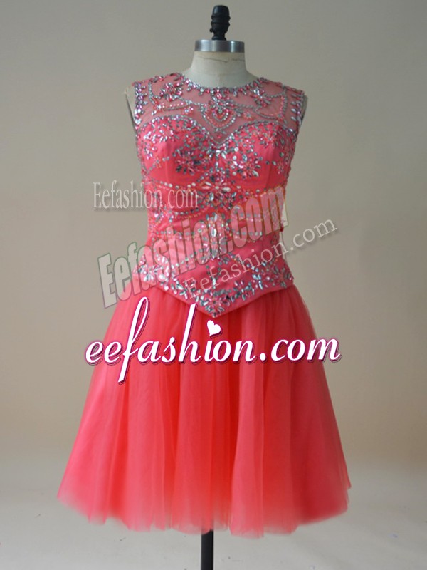Dramatic A-line Prom Gown Coral Red Scoop Tulle Sleeveless Mini Length Lace Up