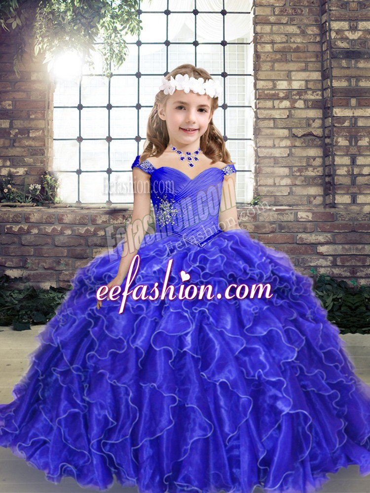  Floor Length Lace Up Girls Pageant Dresses Blue for Party and Wedding Party with Beading and Ruffles