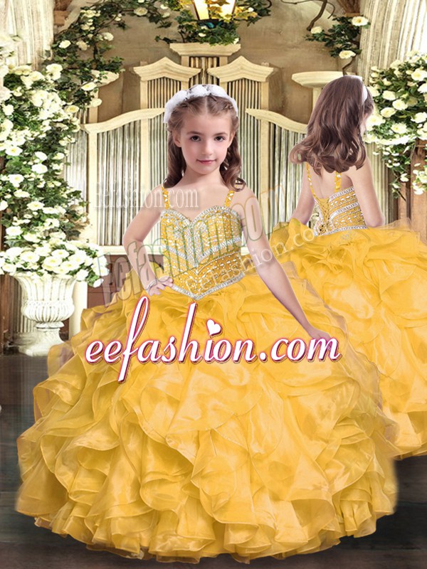 New Arrival Floor Length Gold Pageant Dress Organza Sleeveless Beading and Ruffles