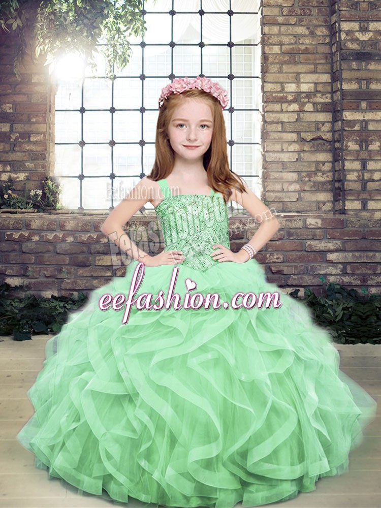 Most Popular Sleeveless Organza and Tulle Floor Length Lace Up Pageant Dress for Teens in Apple Green with Beading and Ruffles