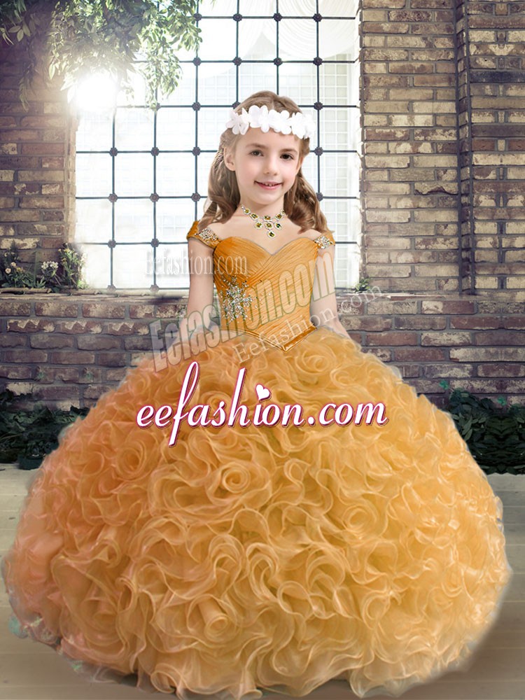 Latest Gold Fabric With Rolling Flowers Lace Up Straps Sleeveless Floor Length Little Girl Pageant Gowns Beading