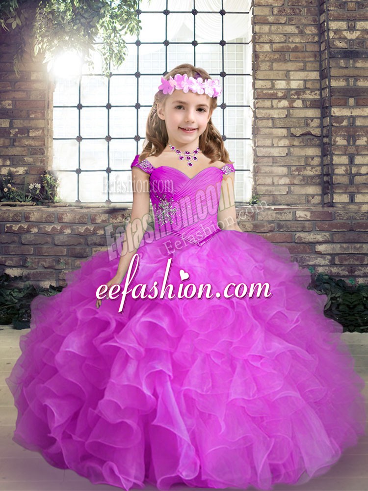  Floor Length Lace Up Kids Formal Wear Fuchsia for Party and Wedding Party with Beading and Ruffles