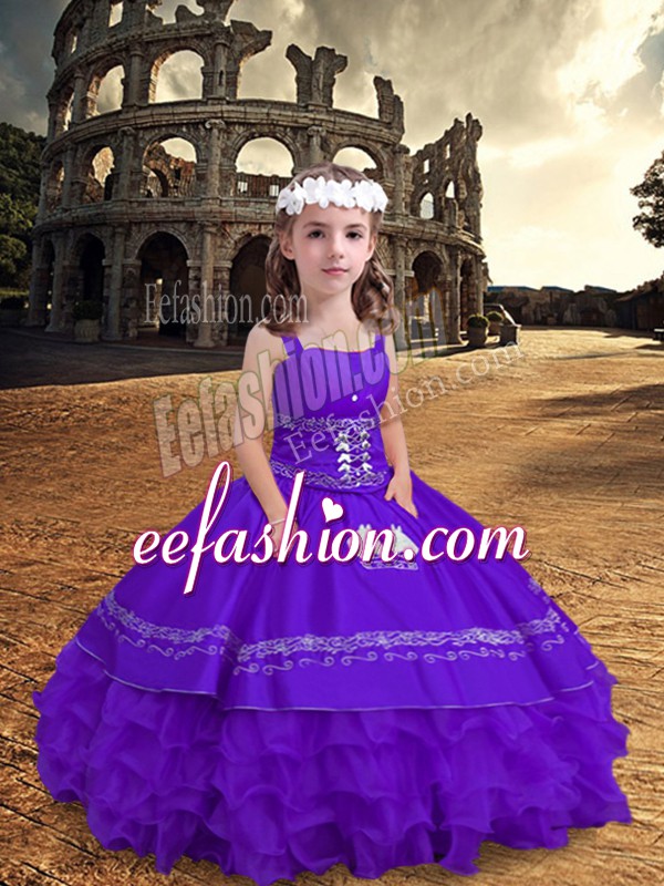  Sleeveless Satin and Organza Floor Length Zipper Little Girl Pageant Dress in Lavender with Embroidery and Ruffled Layers