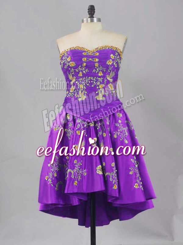 Inexpensive Sweetheart Sleeveless Prom Dress Mini Length Embroidery Eggplant Purple Taffeta