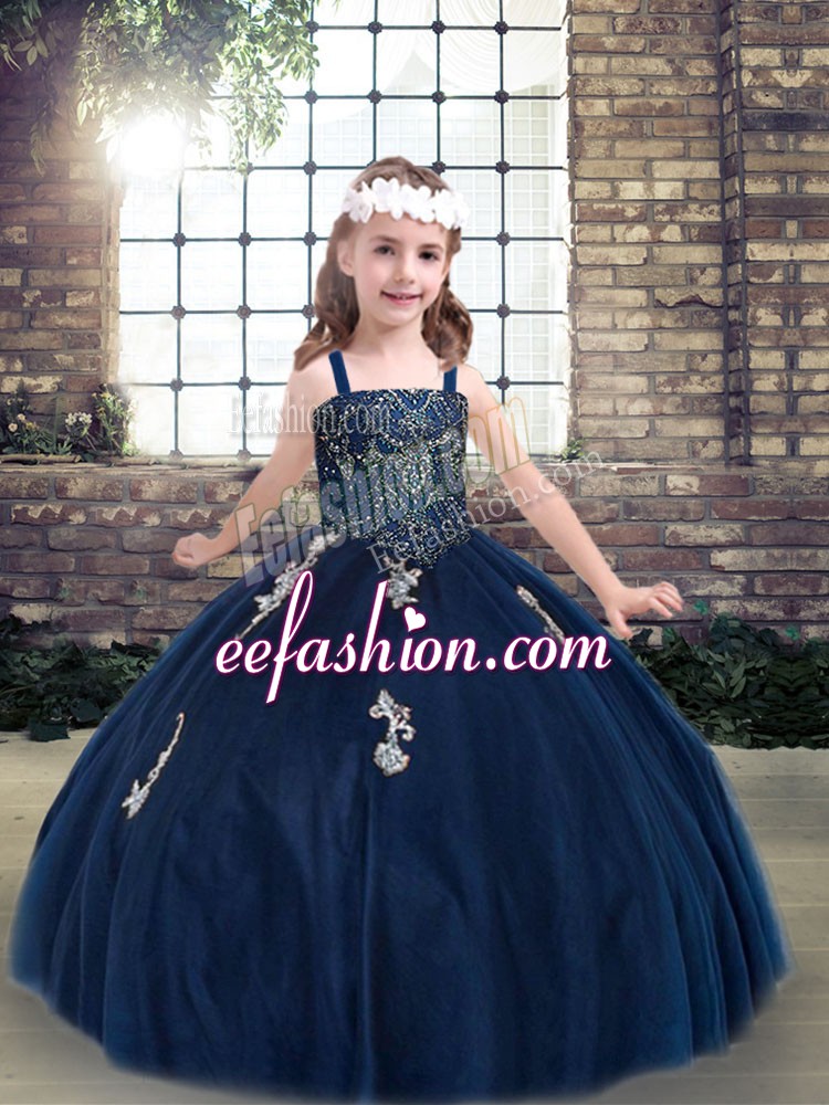  Straps Sleeveless Lace Up Pageant Dress Wholesale Navy Blue Tulle