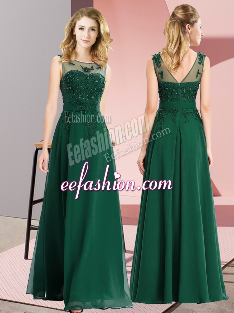 Sophisticated Sleeveless Floor Length Beading and Appliques Zipper Quinceanera Court Dresses with Dark Green