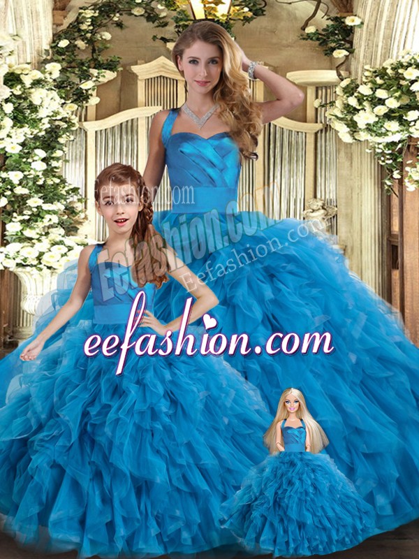  Floor Length Lace Up Quinceanera Gown Blue for Military Ball and Sweet 16 and Quinceanera with Ruffles