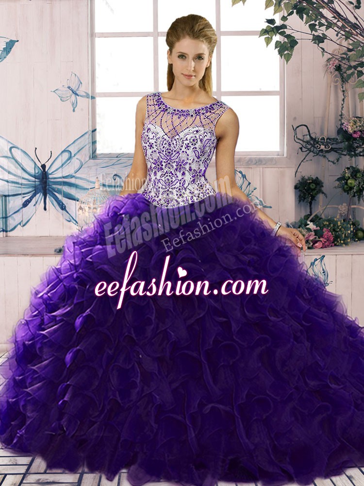 Lovely Purple Organza Lace Up Vestidos de Quinceanera Sleeveless Floor Length Beading and Ruffles