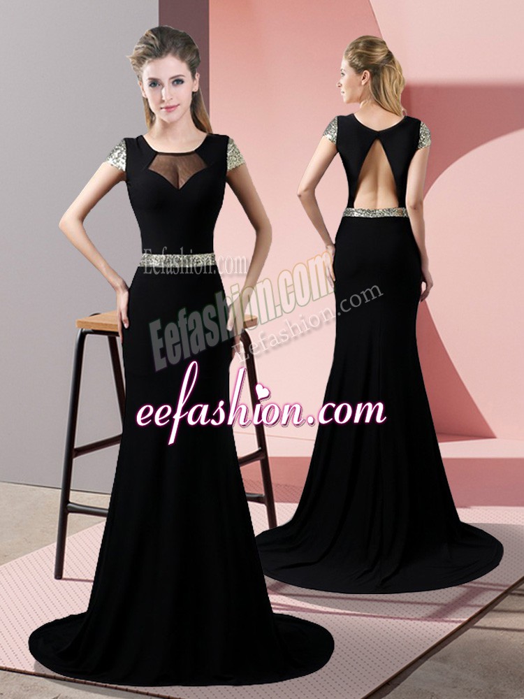 Dramatic Black Satin Backless Short Sleeves Sweep Train Sequins