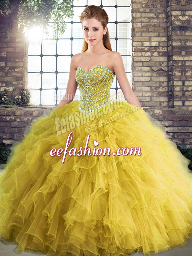 Exceptional Sweetheart Sleeveless Tulle Ball Gown Prom Dress Beading and Ruffles Lace Up