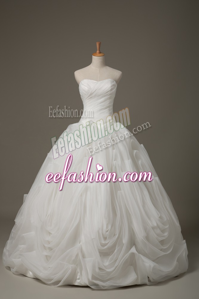  White Ball Gowns Sweetheart Sleeveless Fabric With Rolling Flowers Brush Train Lace Up Ruching Bridal Gown