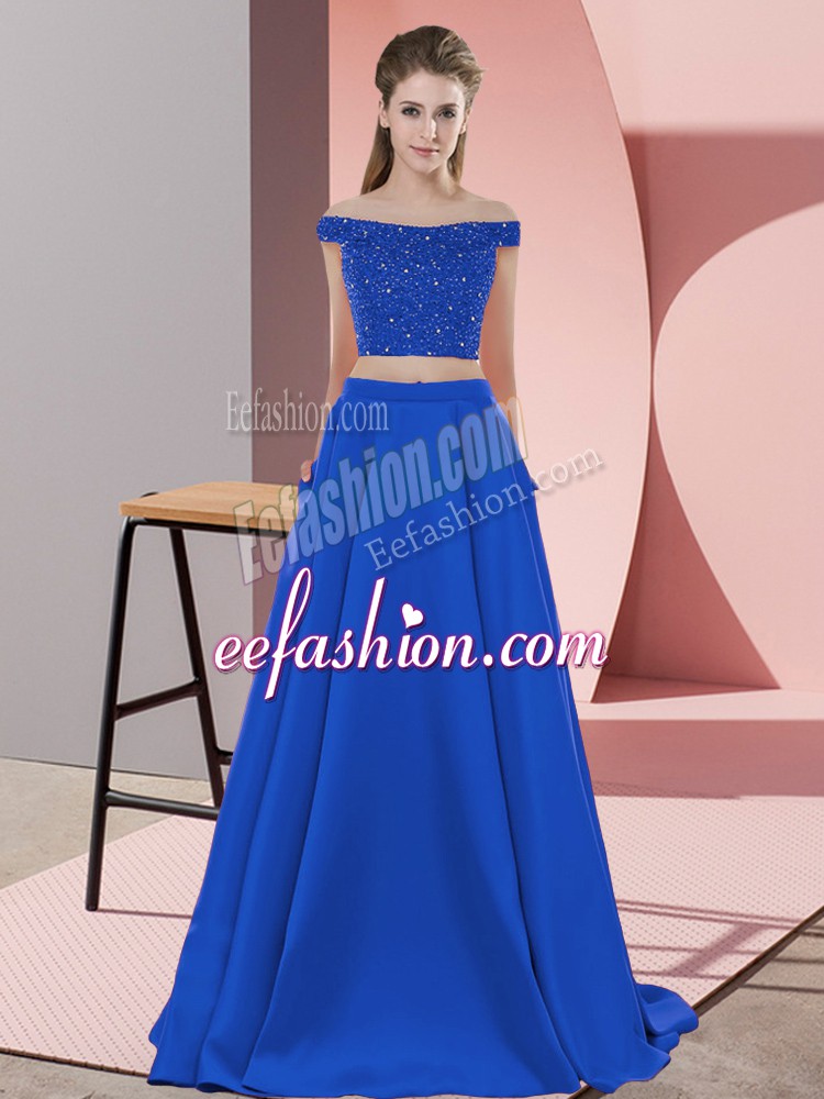 Royal Blue Prom Dress Prom and Party with Beading Off The Shoulder Sleeveless Sweep Train Backless