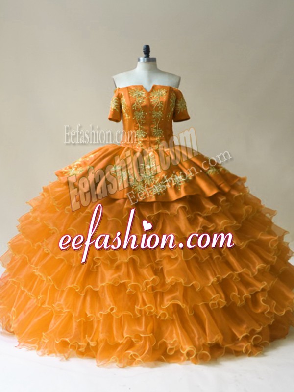  Floor Length Gold Sweet 16 Dresses Off The Shoulder Sleeveless Lace Up