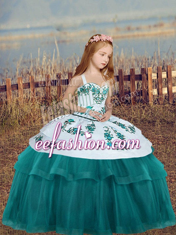 Glorious Teal Lace Up Straps Embroidery Little Girls Pageant Dress Wholesale Tulle Sleeveless