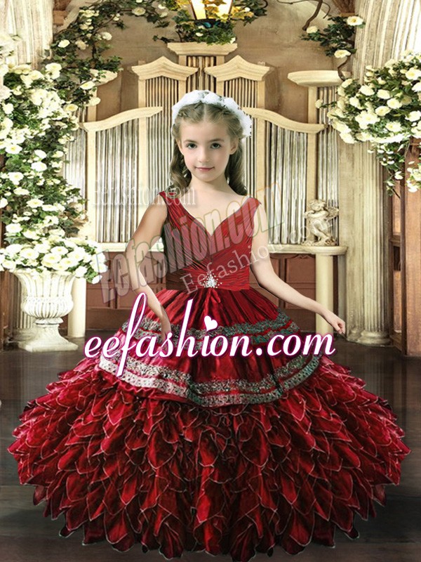 Stunning Red Ball Gowns V-neck Sleeveless Beading and Appliques and Ruffles Floor Length Backless Pageant Dress Wholesale