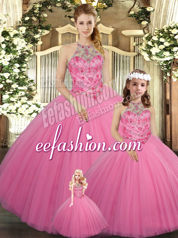  Sleeveless Tulle Floor Length Lace Up 15 Quinceanera Dress in Rose Pink with Beading