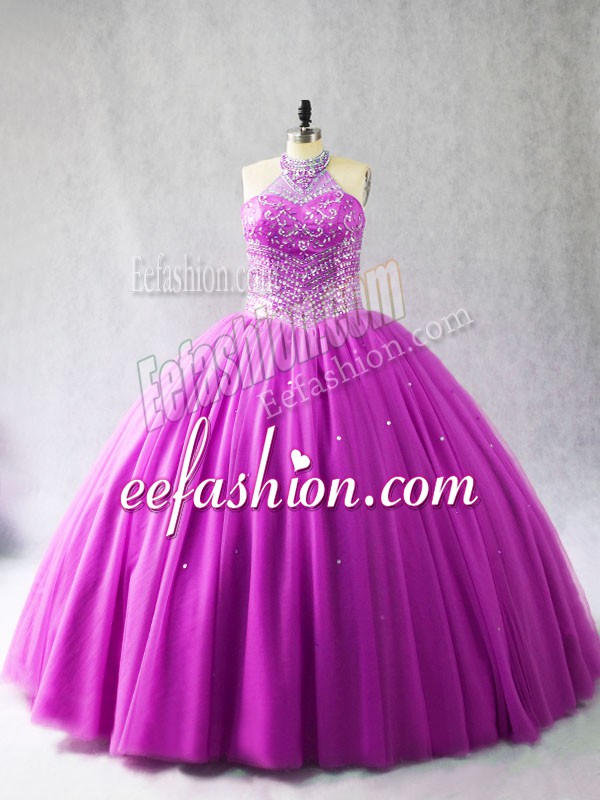 Excellent Lilac Halter Top Neckline Beading Sweet 16 Dress Sleeveless Lace Up
