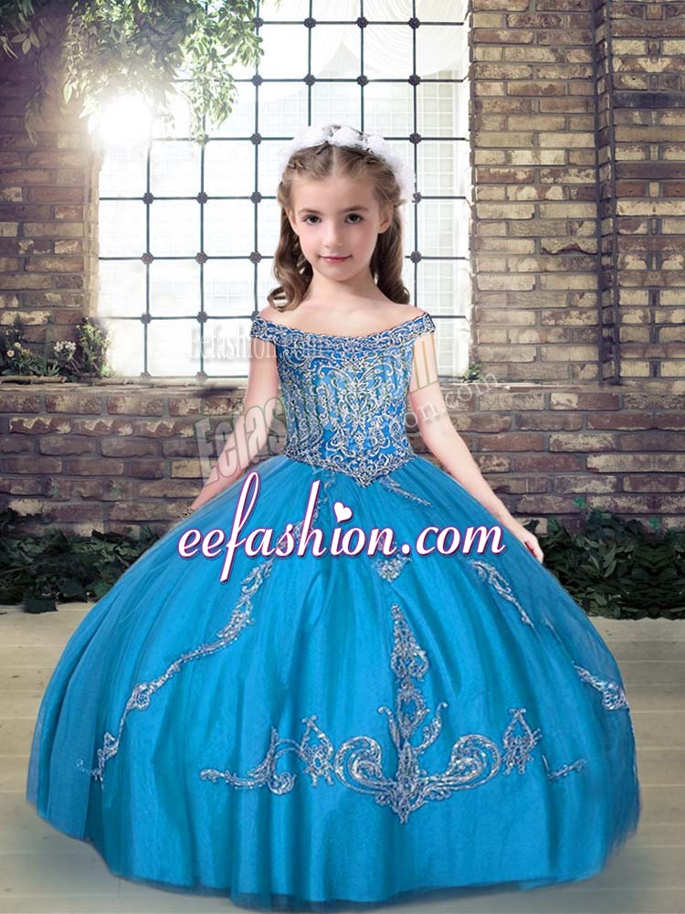 On Sale Tulle Off The Shoulder Sleeveless Lace Up Beading and Appliques Kids Pageant Dress in Aqua Blue