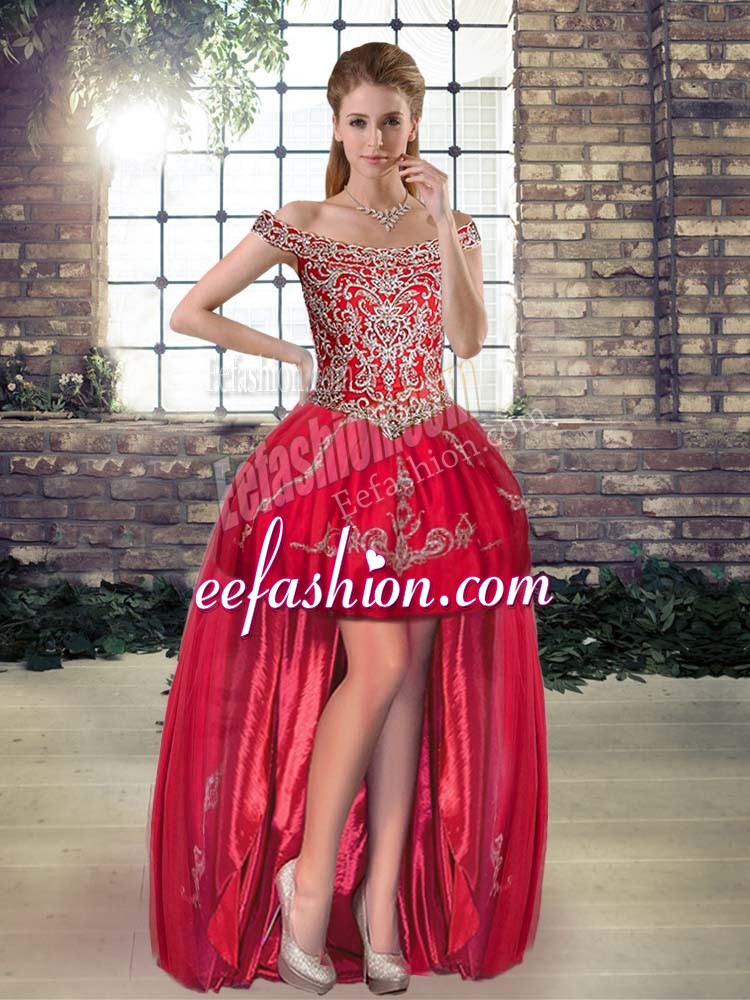  High Low A-line Sleeveless Red Prom Party Dress Lace Up