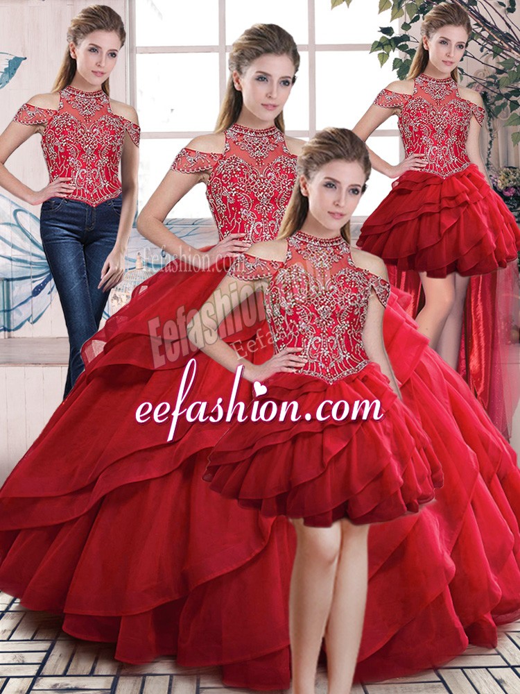  Organza High-neck Sleeveless Lace Up Beading and Ruffles Quinceanera Gowns in Red