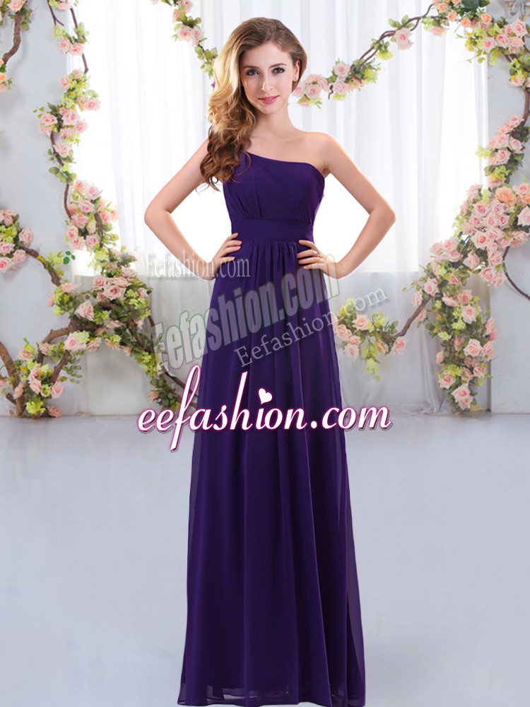High Class Floor Length Zipper Bridesmaids Dress Purple for Wedding Party with Ruching