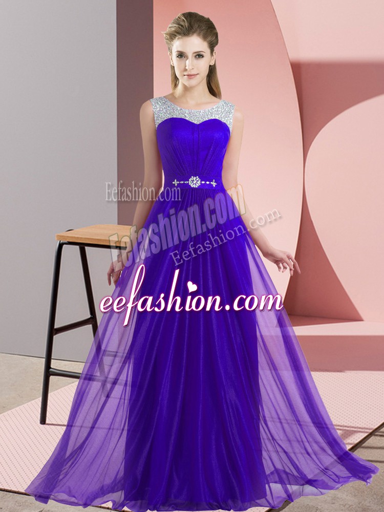 Clearance Purple Chiffon Lace Up Quinceanera Court Dresses Sleeveless Floor Length Beading
