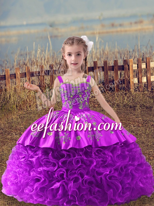 Beautiful Lilac Fabric With Rolling Flowers Lace Up Straps Sleeveless Little Girl Pageant Dress Sweep Train Embroidery