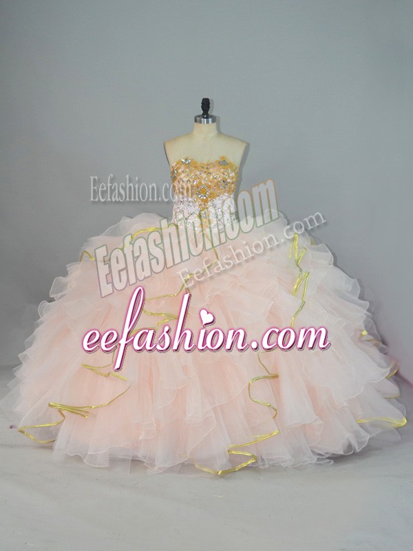  Peach Sleeveless Floor Length Beading and Ruffles Lace Up Quinceanera Dresses