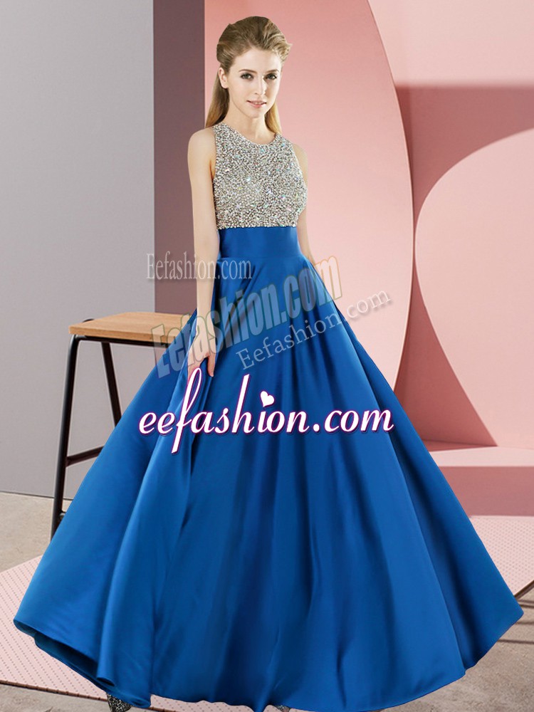  Floor Length Blue Prom Party Dress Scoop Sleeveless Backless