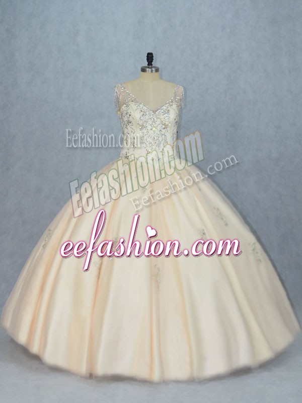  Ball Gowns Quinceanera Dresses Champagne V-neck Tulle Sleeveless Floor Length Lace Up