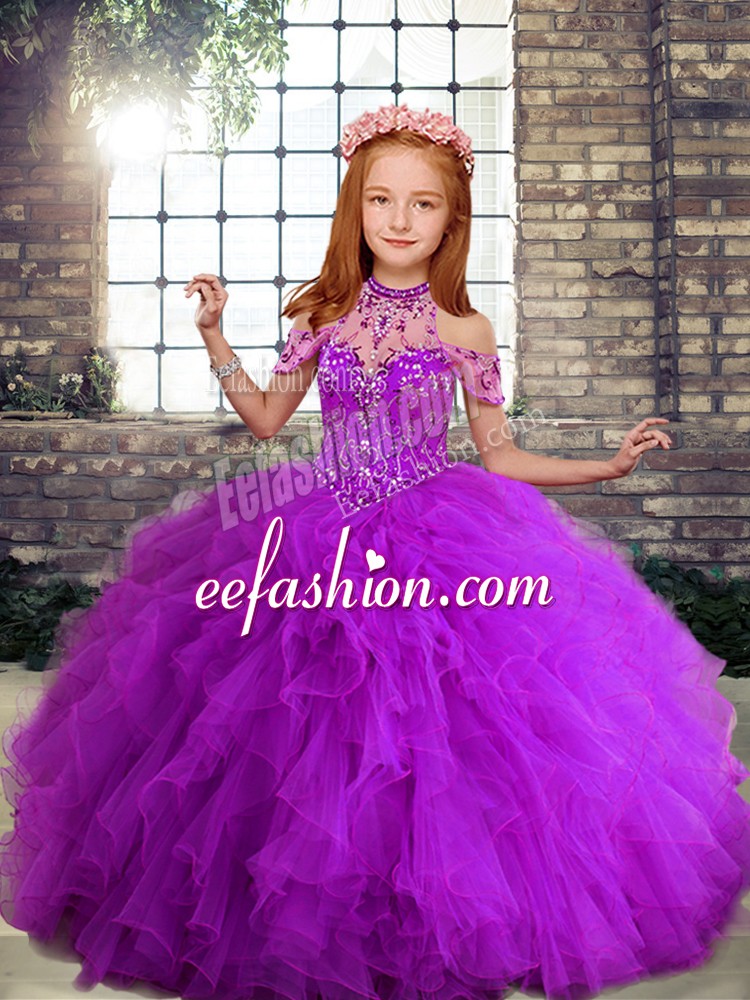  Straps Sleeveless Child Pageant Dress Floor Length Beading and Ruffles Purple Tulle