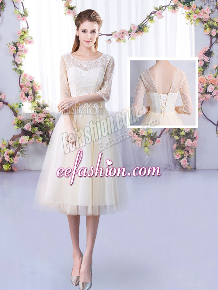 Hot Sale Tea Length Lace Up Dama Dress for Quinceanera Champagne for Wedding Party with Lace