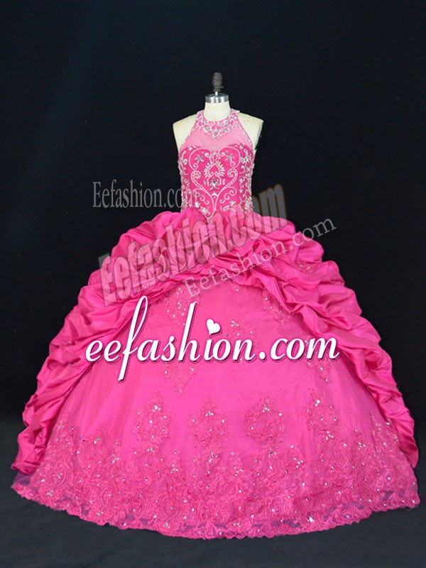  Taffeta Halter Top Sleeveless Lace Up Beading and Appliques and Embroidery and Pick Ups 15th Birthday Dress in Hot Pink
