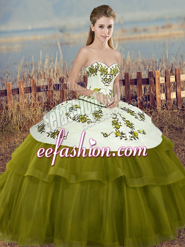 Cute Olive Green Ball Gowns Sweetheart Sleeveless Tulle Floor Length Lace Up Embroidery and Bowknot Quinceanera Dresses