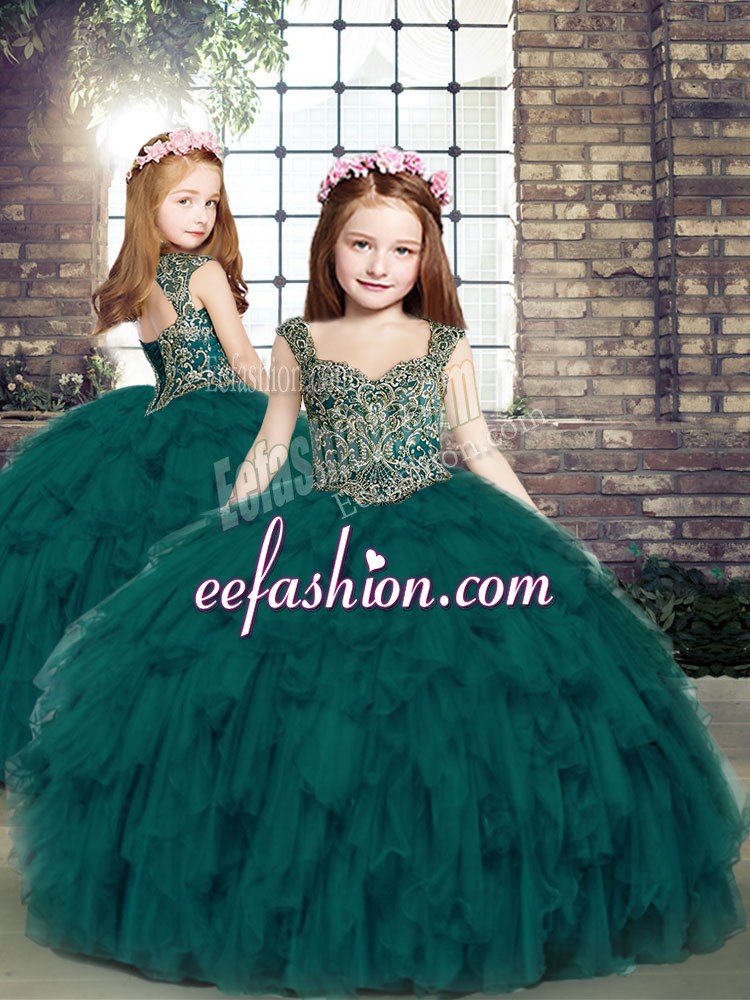  Teal Ball Gowns Tulle Straps Sleeveless Beading and Ruffles Floor Length Lace Up Child Pageant Dress