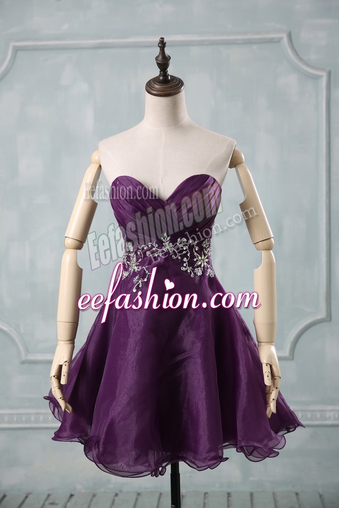 Modest Purple Lace Up Sweetheart Appliques and Ruching Prom Party Dress Organza Sleeveless
