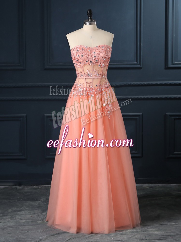Popular Orange Sleeveless Floor Length Lace and Appliques Zipper Dress for Prom