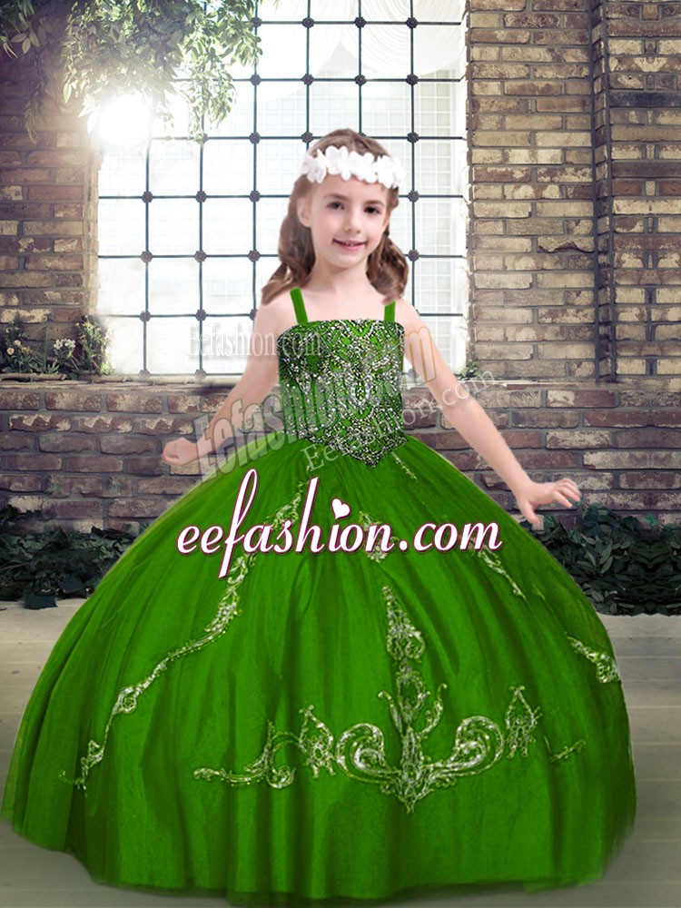 Nice Floor Length Lace Up Kids Pageant Dress Green for Party and Military Ball and Wedding Party with Beading