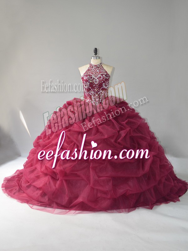  Burgundy Halter Top Lace Up Beading and Pick Ups Sweet 16 Dress Court Train Sleeveless