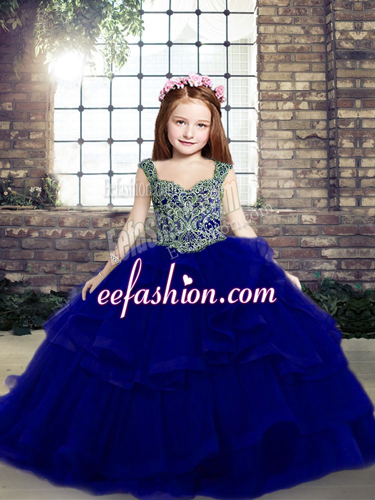 Glorious Sleeveless Organza Floor Length Lace Up Little Girls Pageant Dress in Royal Blue with Beading and Ruffles