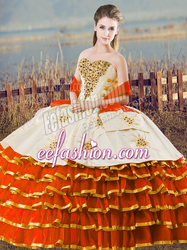 New Style Sleeveless Organza Floor Length Lace Up Quinceanera Dress in Orange with Ruffled Layers