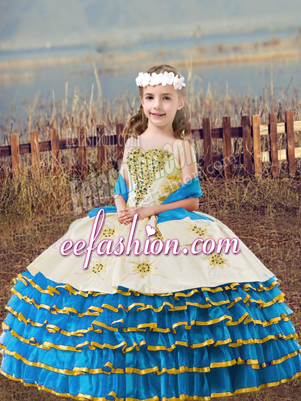  Baby Blue Organza Lace Up Little Girls Pageant Dress Wholesale Sleeveless Floor Length Beading and Embroidery and Ruffled Layers