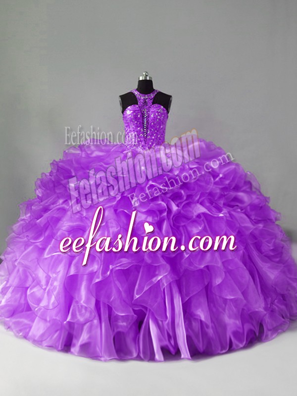 Amazing Organza Halter Top Sleeveless Brush Train Zipper Beading and Ruffles Sweet 16 Dresses in Purple