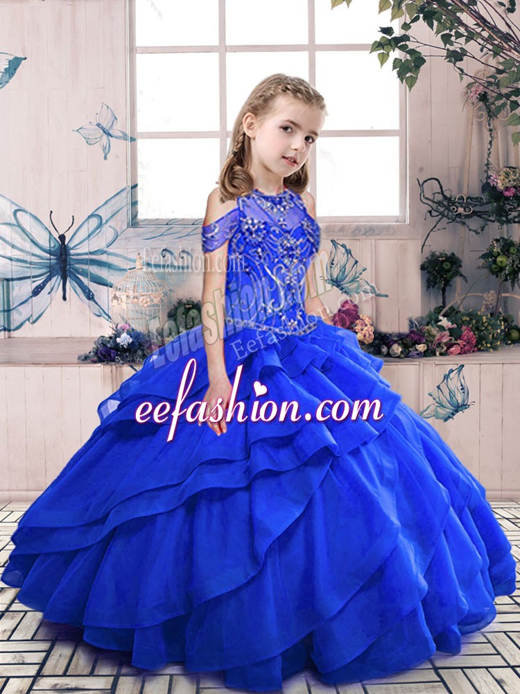  Sleeveless Floor Length Beading Lace Up Child Pageant Dress with Royal Blue