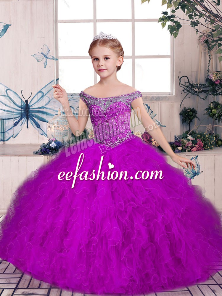  Purple Lace Up Off The Shoulder Beading and Ruffles Kids Formal Wear Tulle Sleeveless