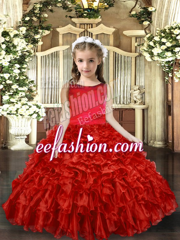  Red Backless Little Girls Pageant Dress Wholesale Ruffles Sleeveless Floor Length